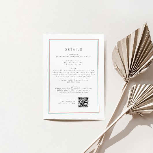 AVERY モダン Coralティール(緑がかった色)QRコード結婚の詳細 エンクロージャーカード