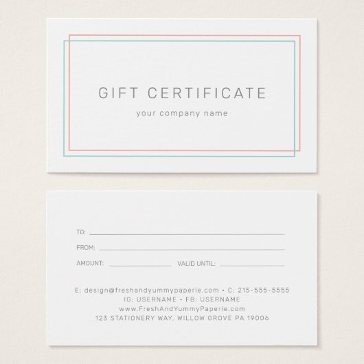 AVERY Coral and Teal Business Gift Certificate (正面&裏面)