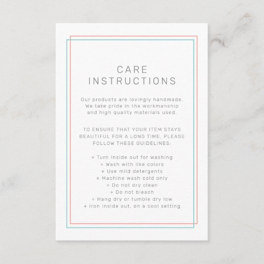 AVERY Coral and Teal Product Care Instructions エンクロージャーカード (正面)