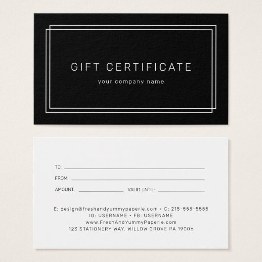 AVERY Modern Black Business Gift Certificate (正面&裏面)