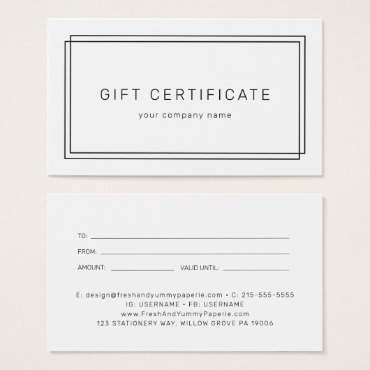 AVERY Modern Minimalist Business Gift Certificate (正面&裏面)