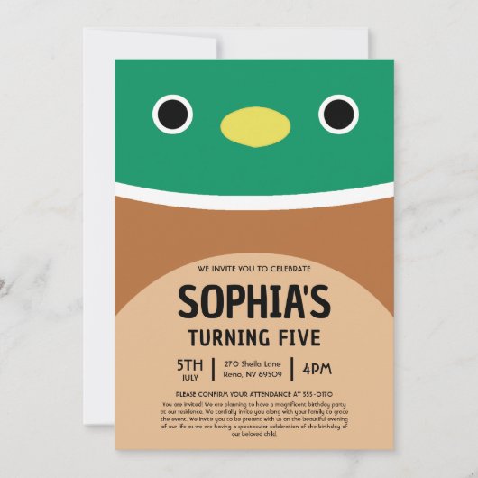 Avery The Duck Squishmallow Birthday Party 招待状 (正面)