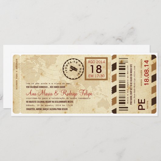 Avião embarque convite de casamentoのbilhet 招待状 (正面/裏面)