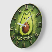 Avo-Cat-O Funny Avocado Cat Cute Kawaii Kitchen ラージ壁時計 (傾斜)