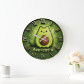 Avo-Cat-O Funny Avocado Cat Cute Kawaii Kitchen ラージ壁時計 (ホーム)