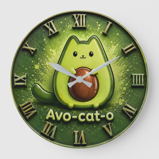 Avo-Cat-O Funny Avocado Cat Cute Kawaii Kitchen ラージ壁時計 (正面)