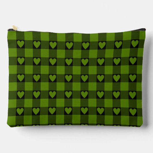 Avocado Green Black Buffalo Heart Plaid アクセサリーポーチ (正面)