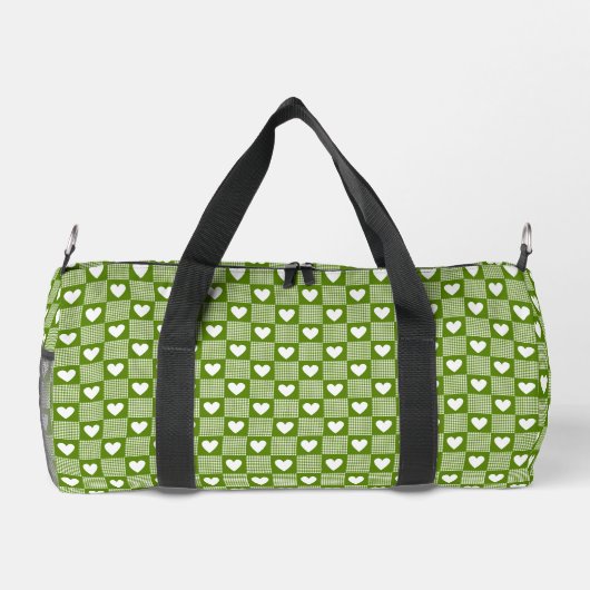 Avocado Green Gingham Heart Patch Plaid ダッフルバッグ (裏面)