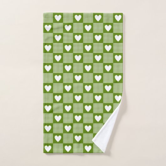Avocado Green Gingham Heart Patch Plaid Towel ハンドタオル (ハンドタオル)