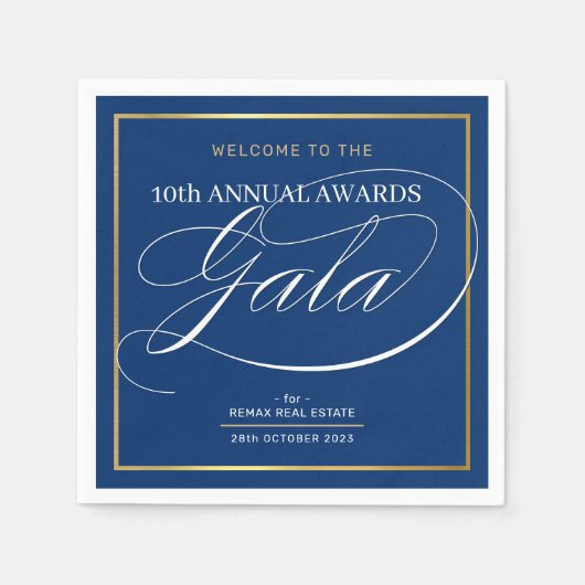 AWARDS GALA DINNER モダン business dark blue金ゴールド スタンダードカクテルナプキン (正面)