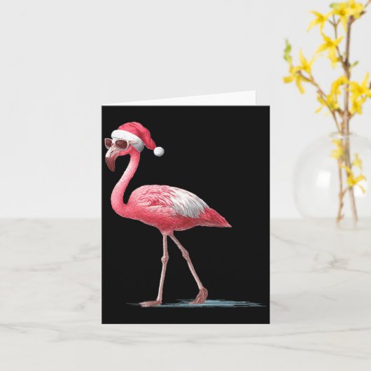 Awesome Cool Flamingo With Christmas Hat And Sungl カード (黄色い花)