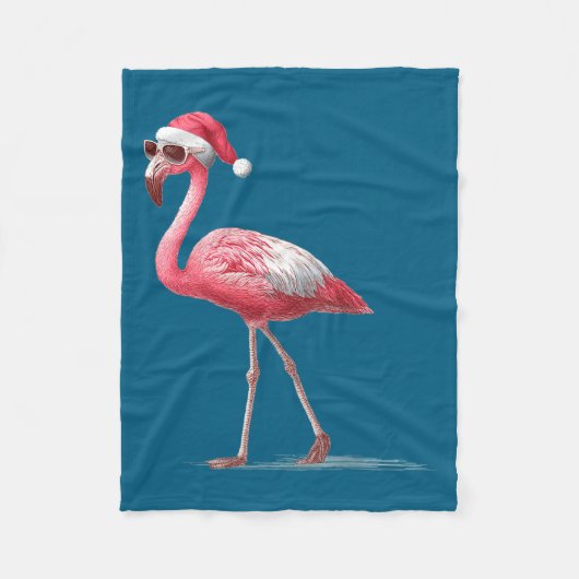 Awesome Cool Flamingo With Christmas Hat And Sungl フリースブランケット (正面)