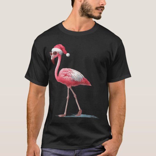 Awesome Cool Flamingo With Christmas Hat And Sungl Tシャツ (正面)