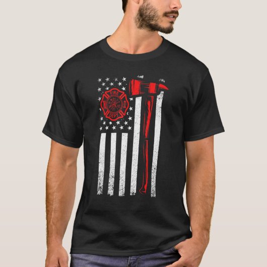 AxおよびUsa国旗を持つ消防用国旗 Tシャツ (正面)