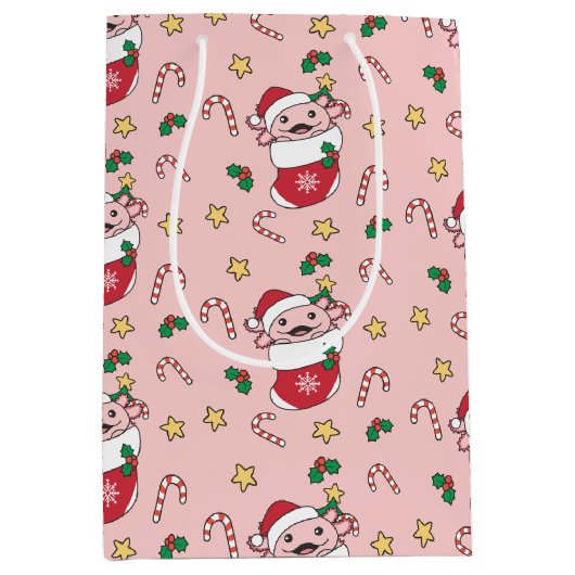 Axolotlクリスマス雪の冬の動物Axolotls ミディアムペーパーバッグ (正面)