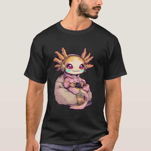 Axolotlビデオゲームかわいいかわいいガールアクオロットゲーマー Tシャツ (正面)