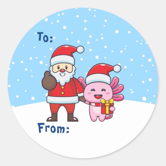 Axolotl付き可愛いサンタとToとFrom ラウンドシール (正面)