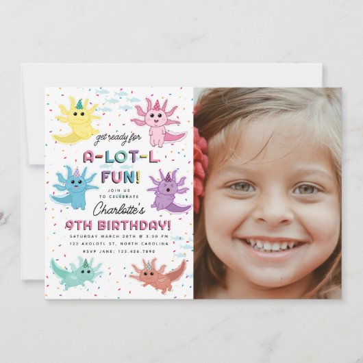 Axolotl子供かわいいサラマンダー写真誕生日パーティー 招待状 (正面)
