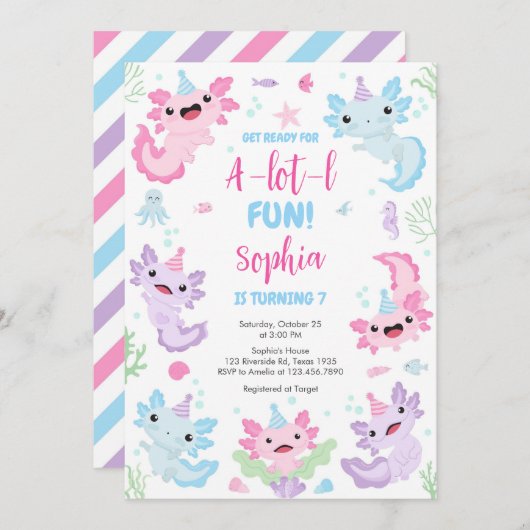 Axolotl Alotl Fun Birthday Party Invitation 招待状 (正面/裏面)