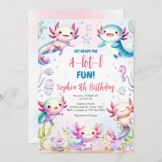 Axolotl Alotl Fun Birthday Party Invitation 招待状 (正面/裏面)