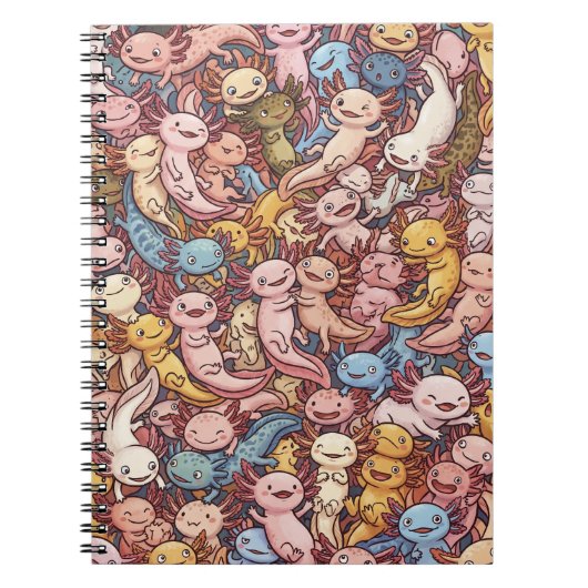 Axolotl Cuddle Crowd – Whimsical Smiles Everywhere ノートブック (正面)