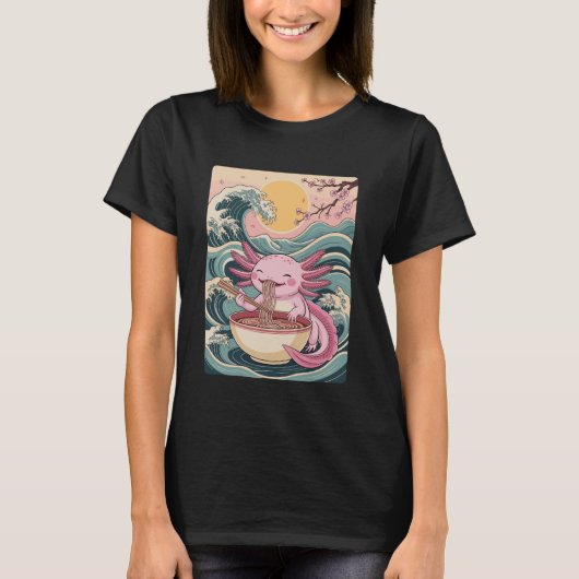 Axolotl Eating Noodles Cute Kawaii Japanese Ramen Tシャツ (正面)