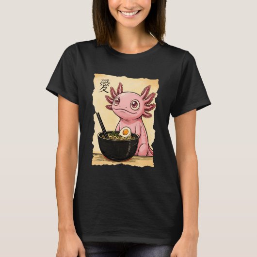 Axolotl Eating Ramen Noodles Kawaii Anime Aestheti Tシャツ (正面)