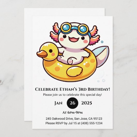 Axolotl Float Fun Birthday 招待状 (正面/裏面)