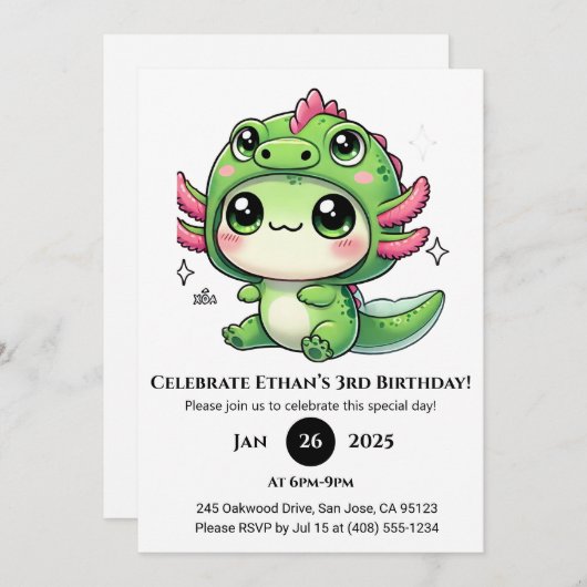 Axolotl in Dragon Hat Birthday 招待状 (正面/裏面)