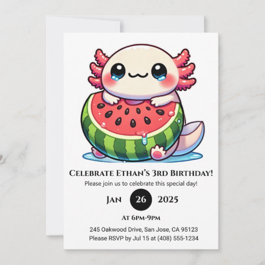 Axolotl in Watermelon Float Birthday 招待状 (正面)
