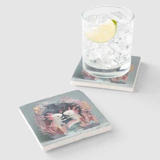 Axolotl love paper cut shadowbox diorama ストーンコースター (横)