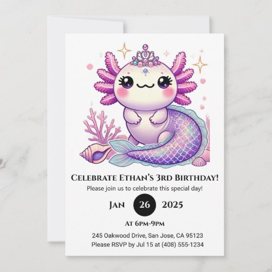 Axolotl Mermaid Princess Birthday 招待状 (正面)
