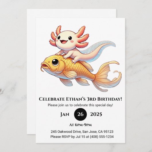 Axolotl on Koi Birthday 招待状 (正面/裏面)
