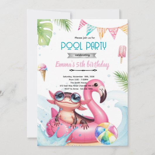 Axolotl Pool party theme invitation 招待状 (正面)