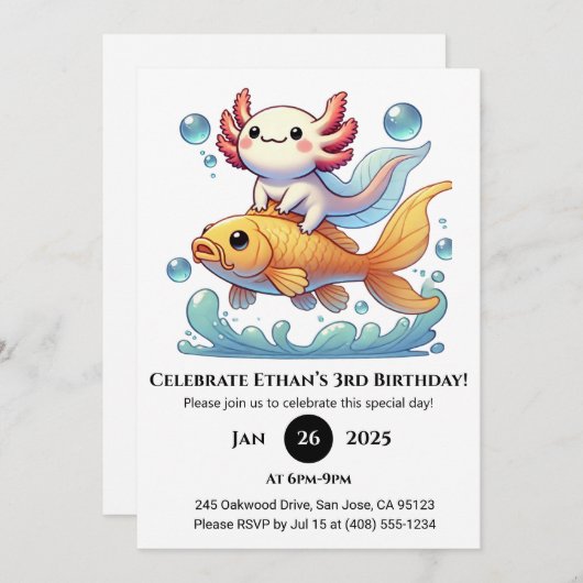 Axolotl Riding Goldfish Birthday 招待状 (正面/裏面)