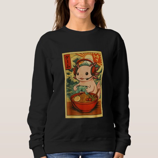 Axolotl Salamander Gaming Ramen Ukiyo-e Great Wave スウェットシャツ (正面)