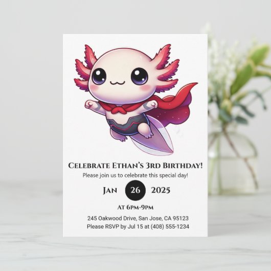 Axolotl Superhero in Armor Birthday 招待状 (スタンド正面)