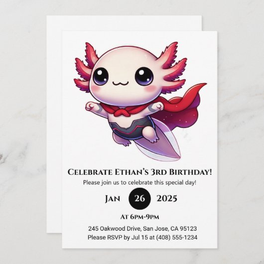 Axolotl Superhero in Armor Birthday 招待状 (正面/裏面)