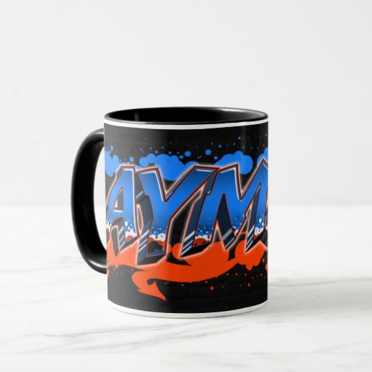Ayman Vorname Name Graffiti blue orange Tasse マグカップ (正面左)