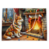 Azawakh Sitting by Fireplace with Christmas Lights ラージペーパーバッグ (正面)