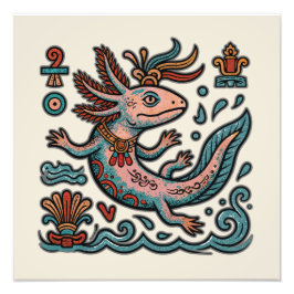 Aztec Axolotl Xolotl god pink blue tribal vintage フォトプリント