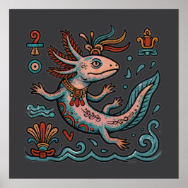 Aztec Axolotl Xolotl god pink blue tribal vintage ポスター