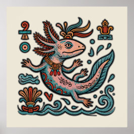 Aztec Axolotl Xolotl god pink blue tribal vintage ポスター