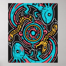 Aztec Axolotl Xolotl gods fight pink blue vintage ポスター
