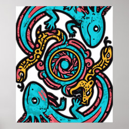 Aztec Axolotl Xolotl gods fight pink blue vintage ポスター