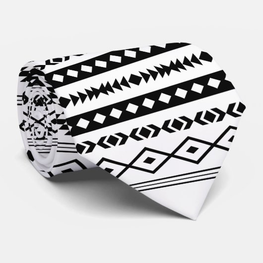 Aztec Black on White Mixed Motifs Repeat Pattern ネクタイ (ロール)