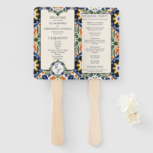 Azulejo blue Talaveraメキシコの結婚式プログラム ハンドファン (正面&裏面)