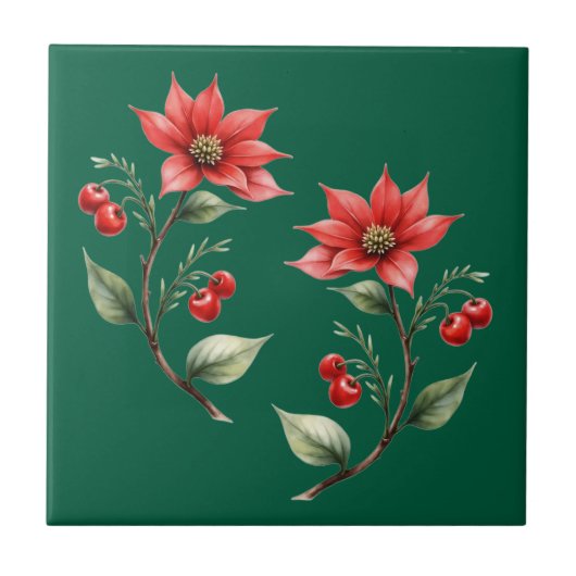 Azulejo decorativlo Natal verde e Flores Vermelhas タイル (正面)