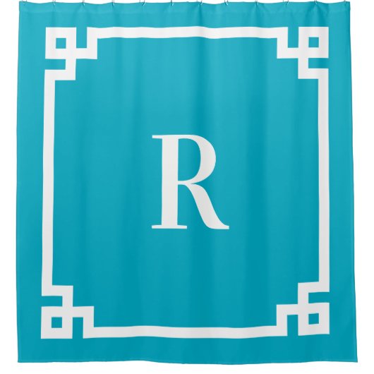 Azureとホワイトギリシャ語鍵シンプルモノグラム シャワーカーテン (正面)
