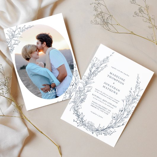 Azureエレガントアイボリーフローラモノグラム結婚写真 招待状